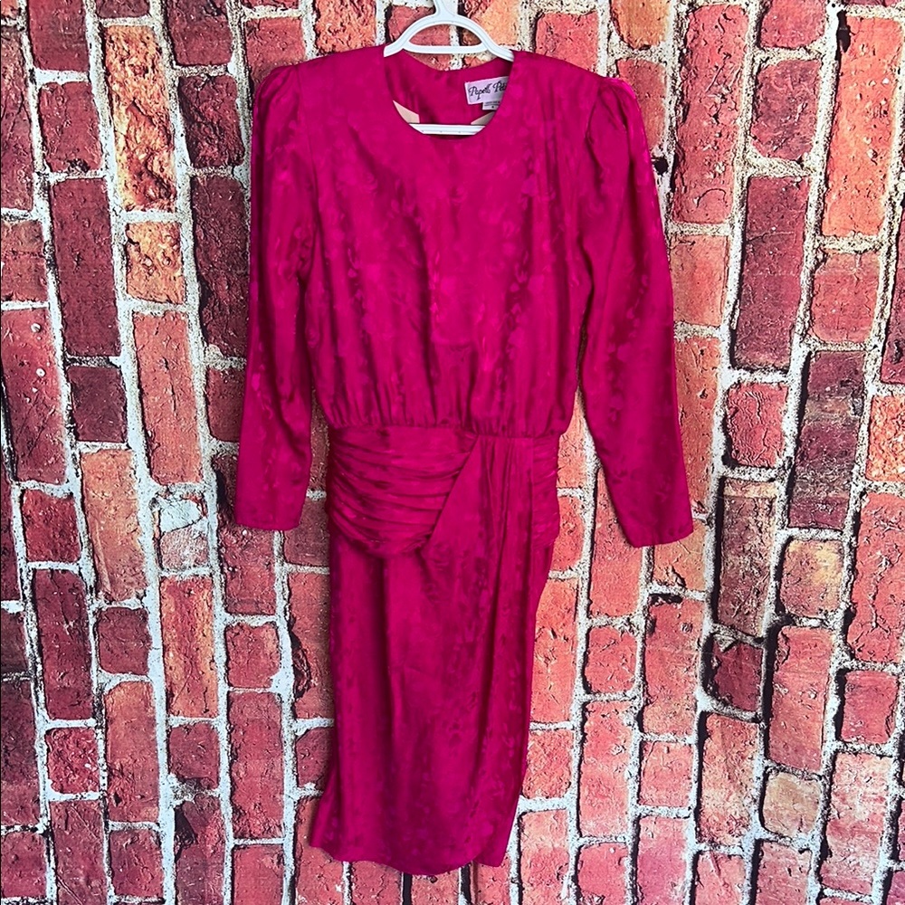 Vintage 80s Adrianna Papell Pink Fuschia Button Wiggle %100 Silk Dress - Size:6